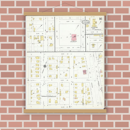 Old map wall art mockup — magnetic wood frame on brick wall — Sanborn Fire Insurance Map from Sterling, Whiteside County, Illinois (1910), Sheet #0016