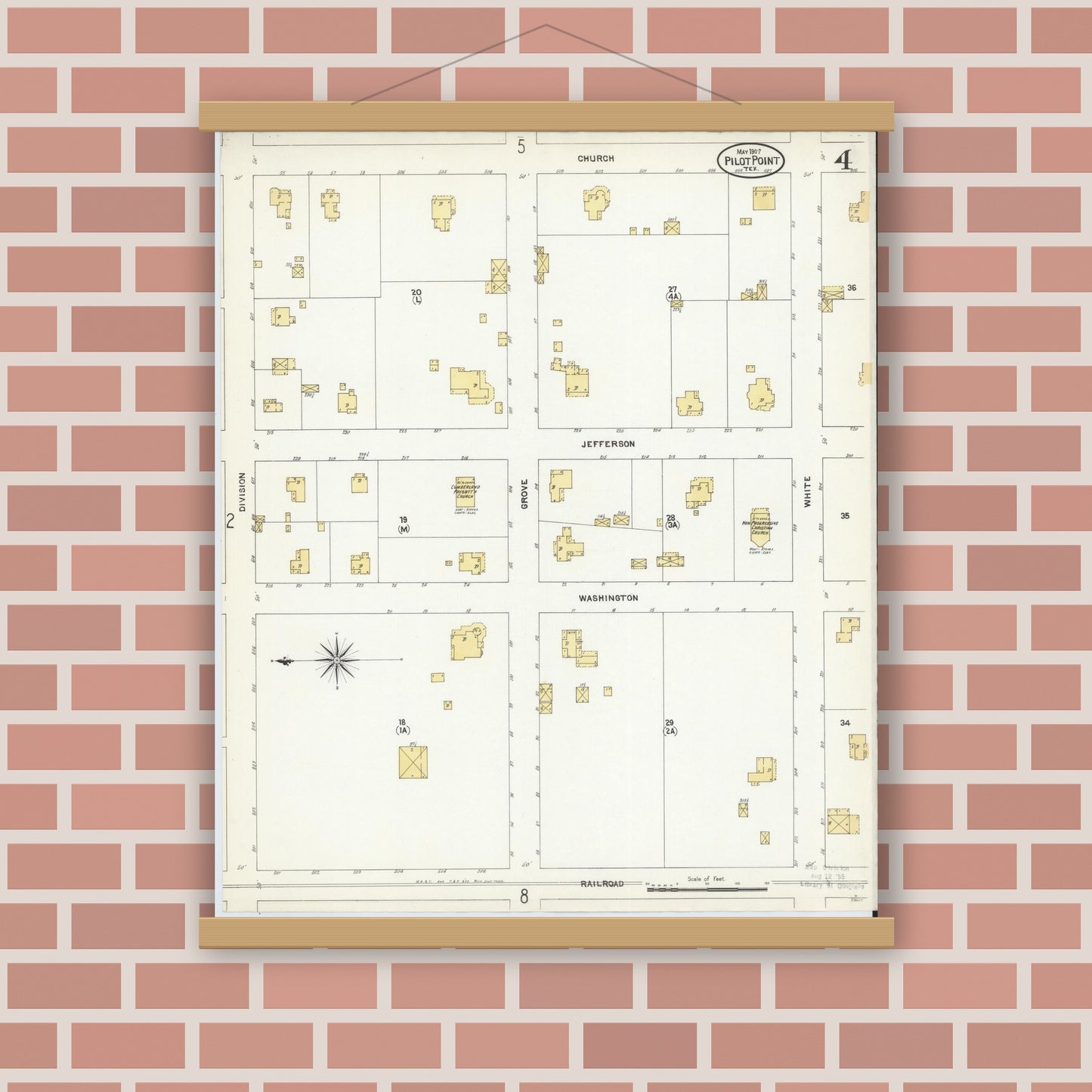 Old map wall art mockup — magnetic wood frame on brick wall — Sanborn Fire Insurance Map from Pilot Point, Denton County, Texas (1907), Sheet #0004