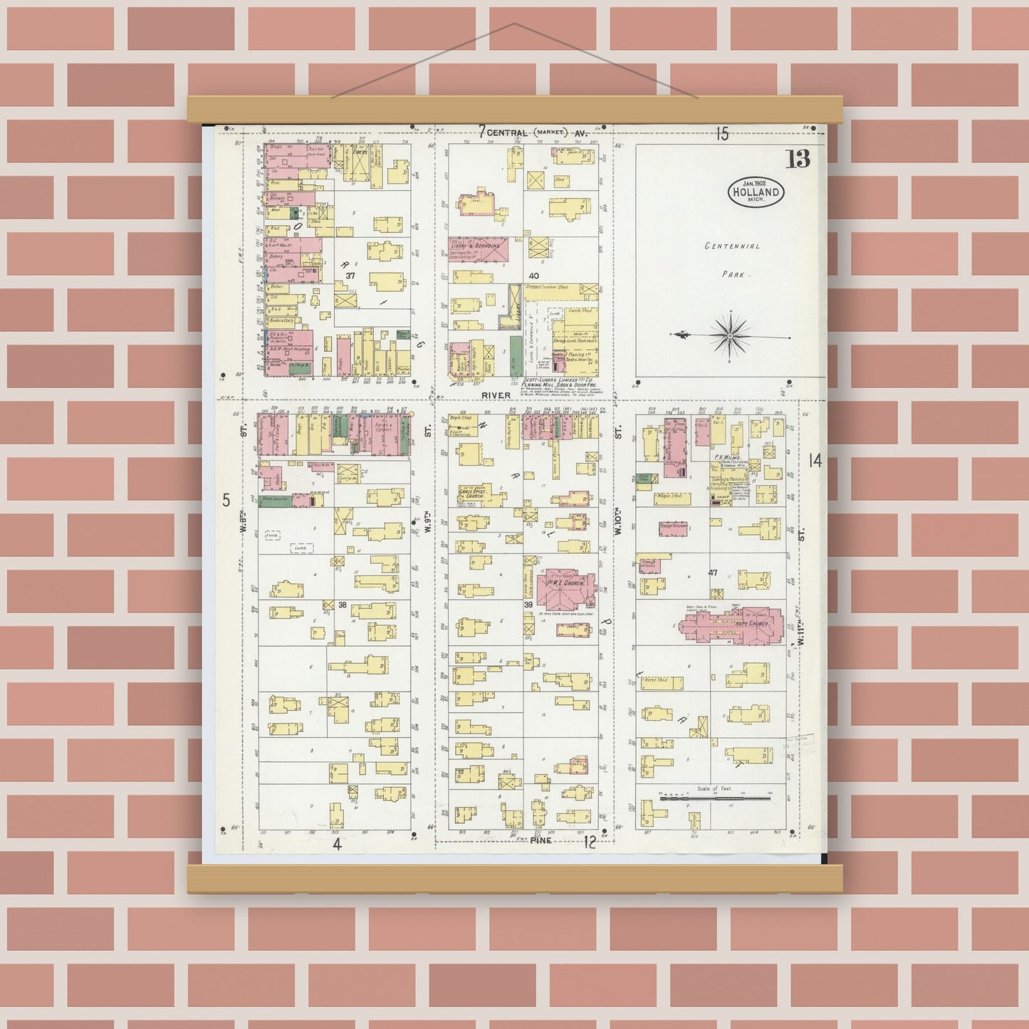 Old map wall art mockup — magnetic wood frame on brick wall — Sanborn Fire Insurance Map from Holland, Ottawa County, Michigan (1902), Sheet #0013