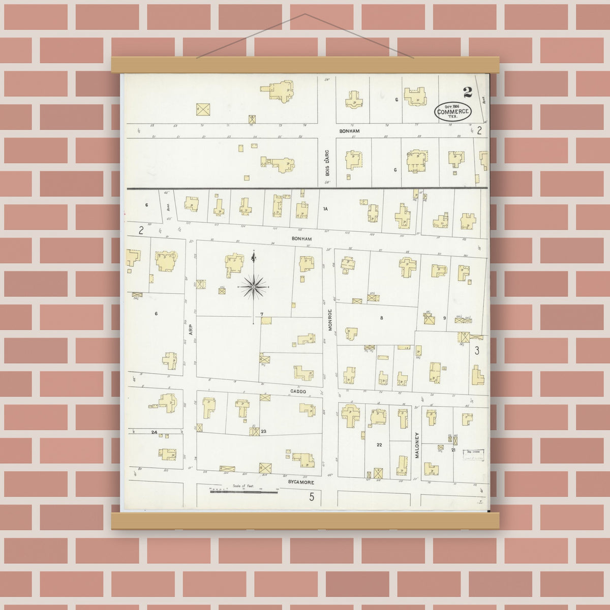 Old map wall art mockup — magnetic wood frame on brick wall — Sanborn Fire Insurance Map from Commerce, Hunt County, Texas (1906), Sheet #0002