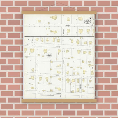 Old map wall art mockup — magnetic wood frame on brick wall — Sanborn Fire Insurance Map from Commerce, Hunt County, Texas (1906), Sheet #0002