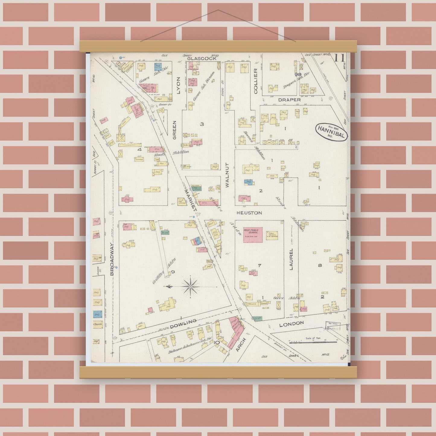 Old map wall art mockup — magnetic wood frame on brick wall — Sanborn Fire Insurance Map from Hannibal, Marion County, Missouri (1885), Sheet #0011