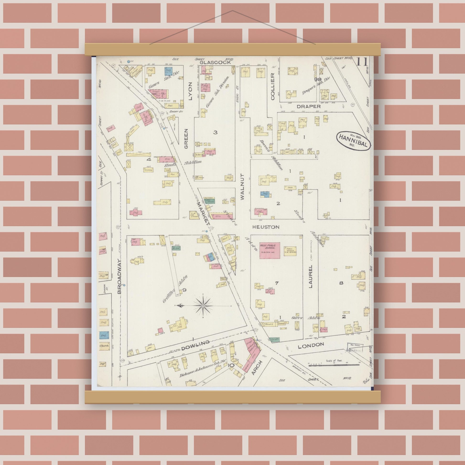 Old map wall art mockup — magnetic wood frame on brick wall — Sanborn Fire Insurance Map from Hannibal, Marion County, Missouri (1885), Sheet #0011
