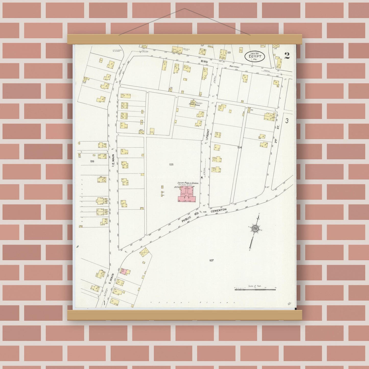 Old map wall art mockup — magnetic wood frame on brick wall — Sanborn Fire Insurance Map from Egypt, Lehigh County, Pennsylvania (1911), Sheet #0002