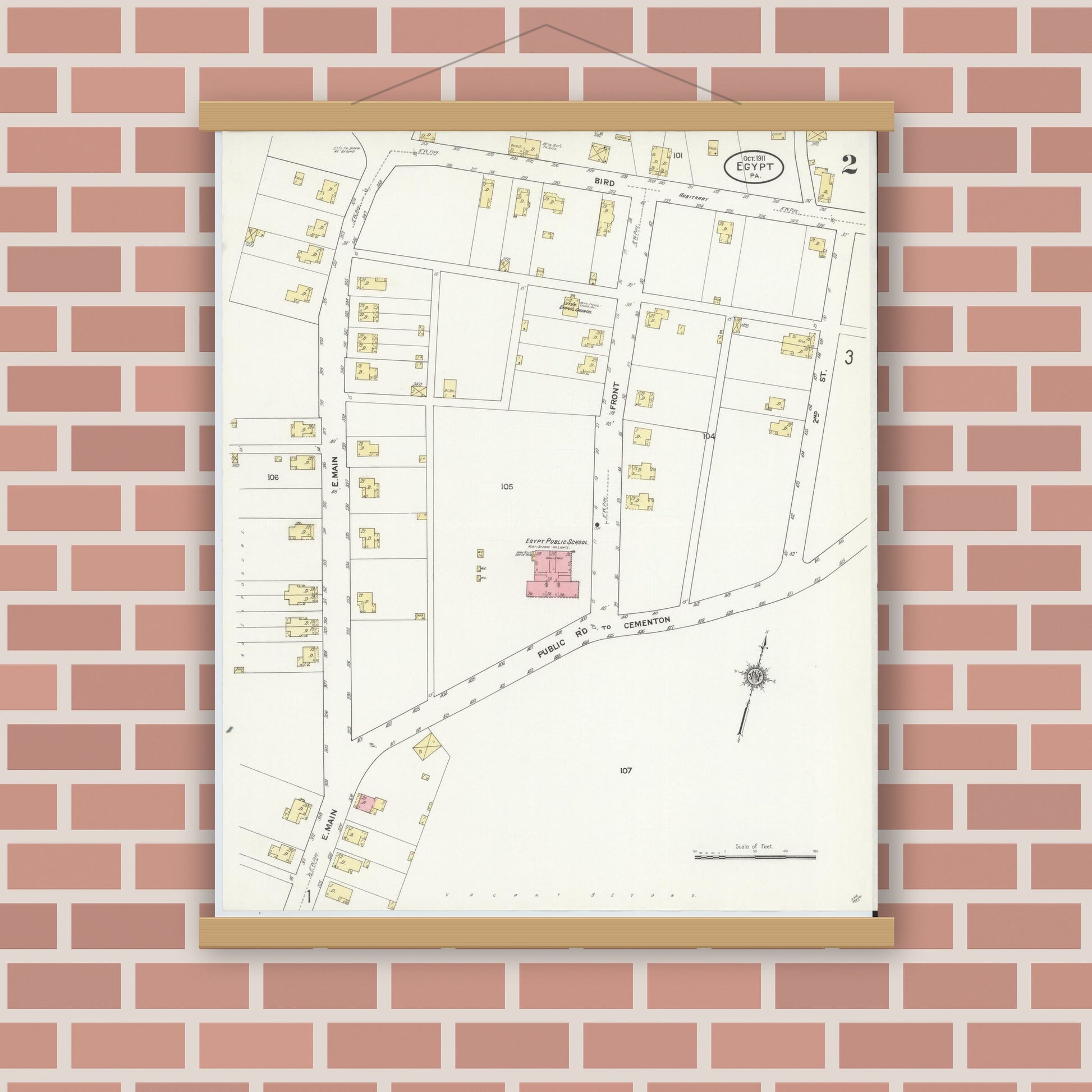Old map wall art mockup — magnetic wood frame on brick wall — Sanborn Fire Insurance Map from Egypt, Lehigh County, Pennsylvania (1911), Sheet #0002