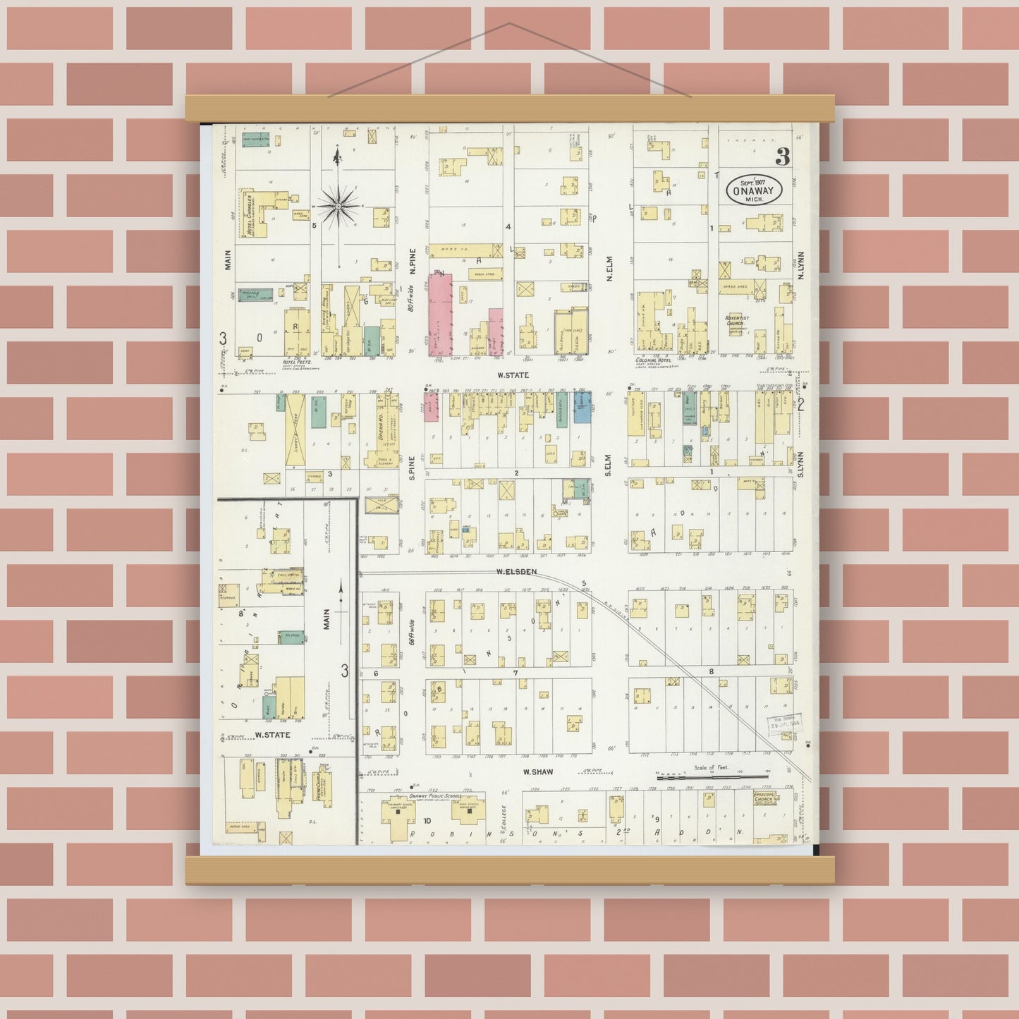 Old map wall art mockup — magnetic wood frame on brick wall — Sanborn Fire Insurance Map from Onaway, Presque Isle County, Michigan (1907), Sheet #0003