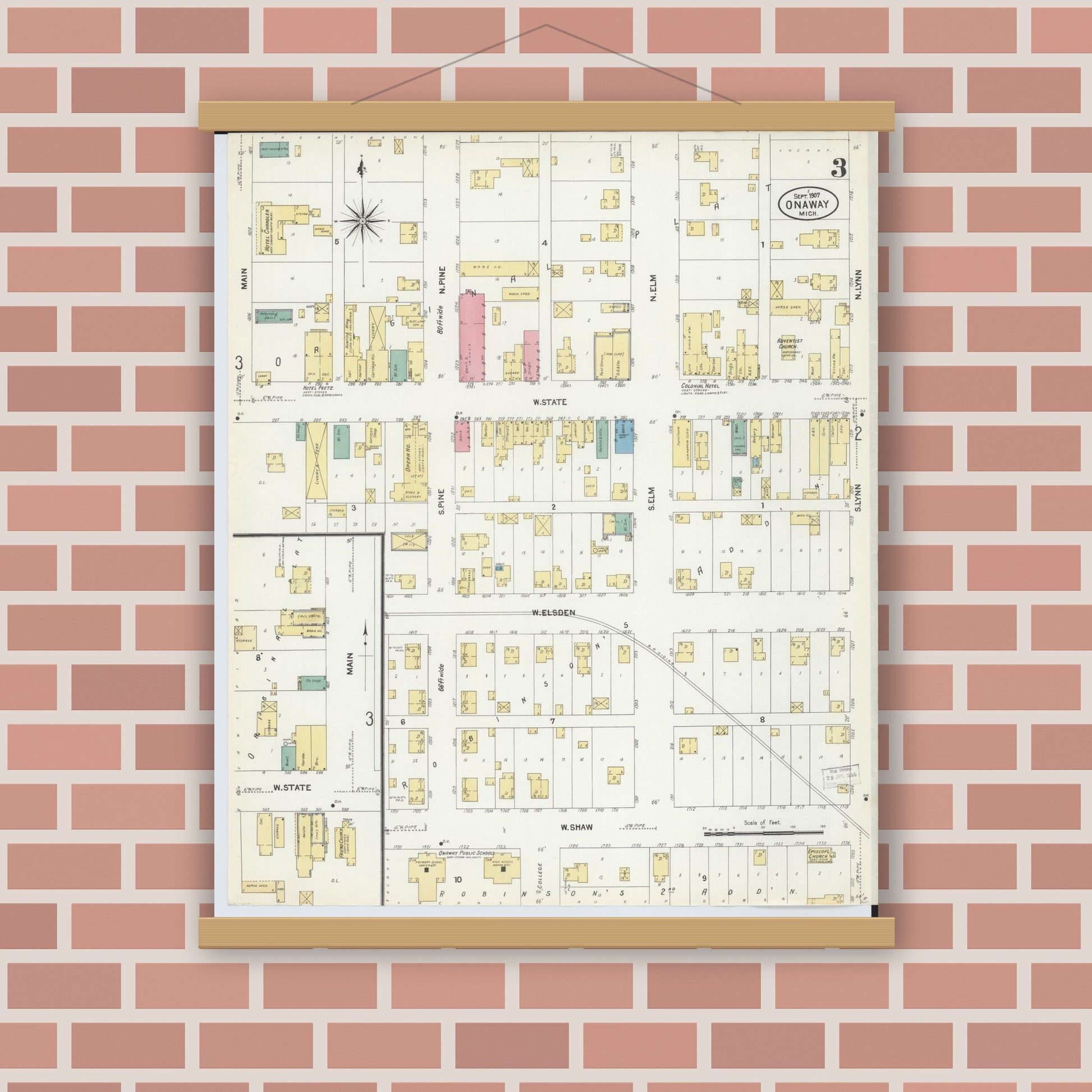 Old map wall art mockup — magnetic wood frame on brick wall — Sanborn Fire Insurance Map from Onaway, Presque Isle County, Michigan (1907), Sheet #0003