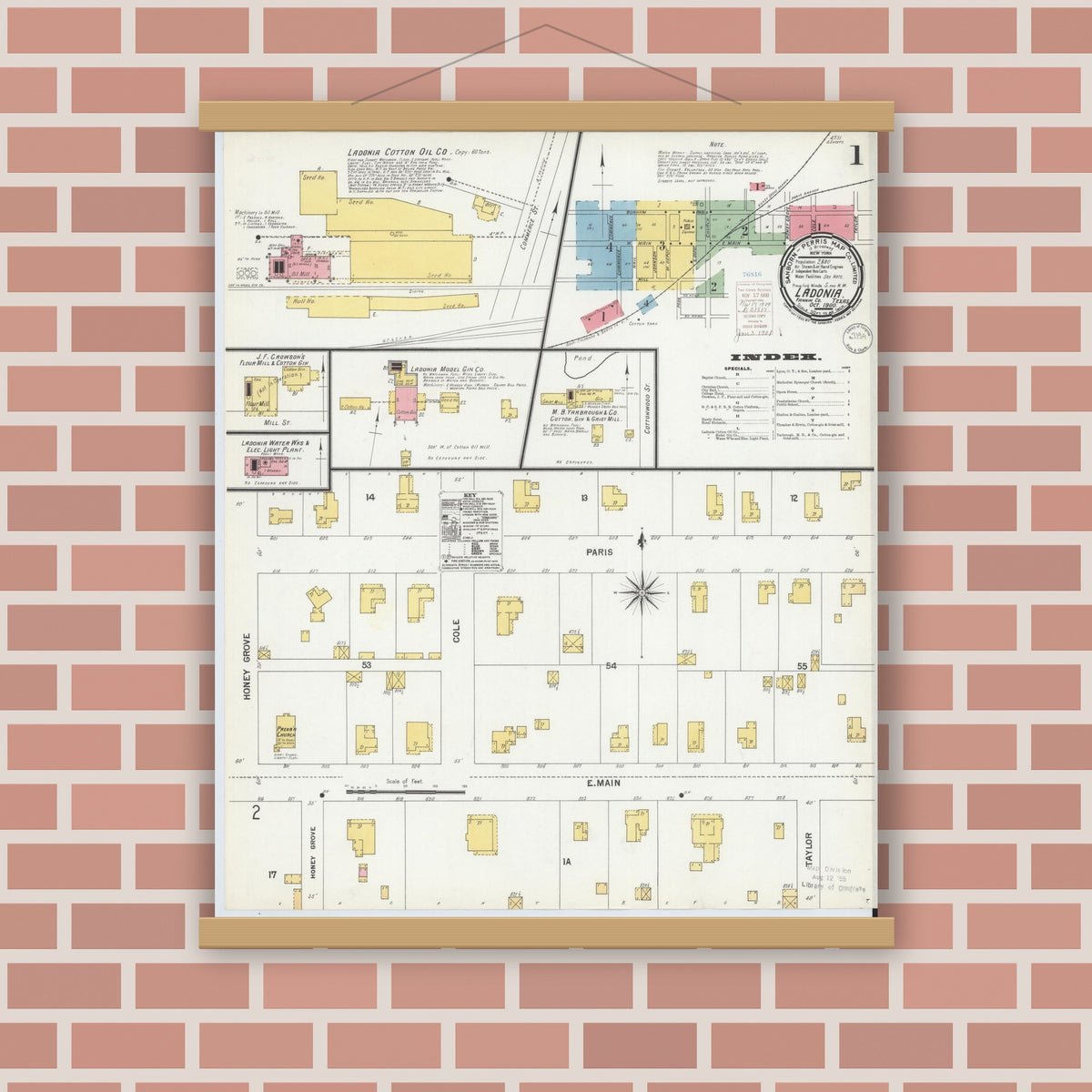 Old map wall art mockup — magnetic wood frame on brick wall — Sanborn Fire Insurance Map from Ladonia, Fannin County, Texas (1900), Sheet #0001