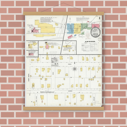 Old map wall art mockup — magnetic wood frame on brick wall — Sanborn Fire Insurance Map from Ladonia, Fannin County, Texas (1900), Sheet #0001