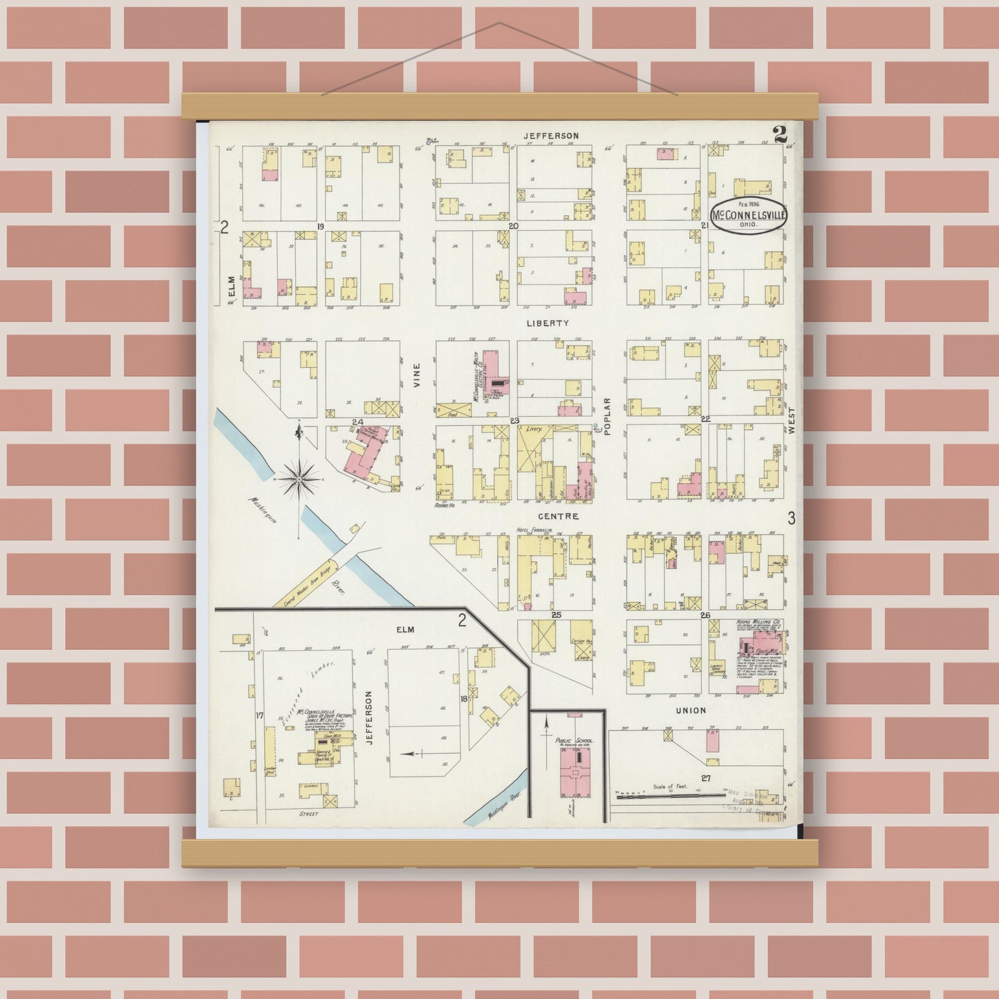 Old map wall art mockup — magnetic wood frame on brick wall — Sanborn Fire Insurance Map from McConnelsville, Morgan County, Ohio (1896), Sheet #0002