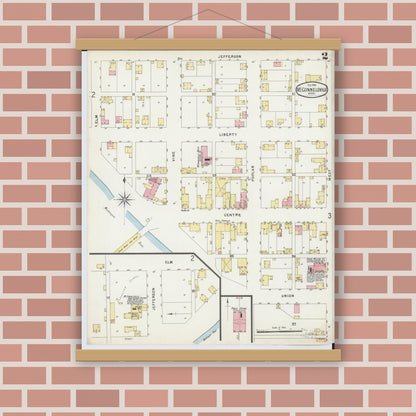 Old map wall art mockup — magnetic wood frame on brick wall — Sanborn Fire Insurance Map from McConnelsville, Morgan County, Ohio (1896), Sheet #0002