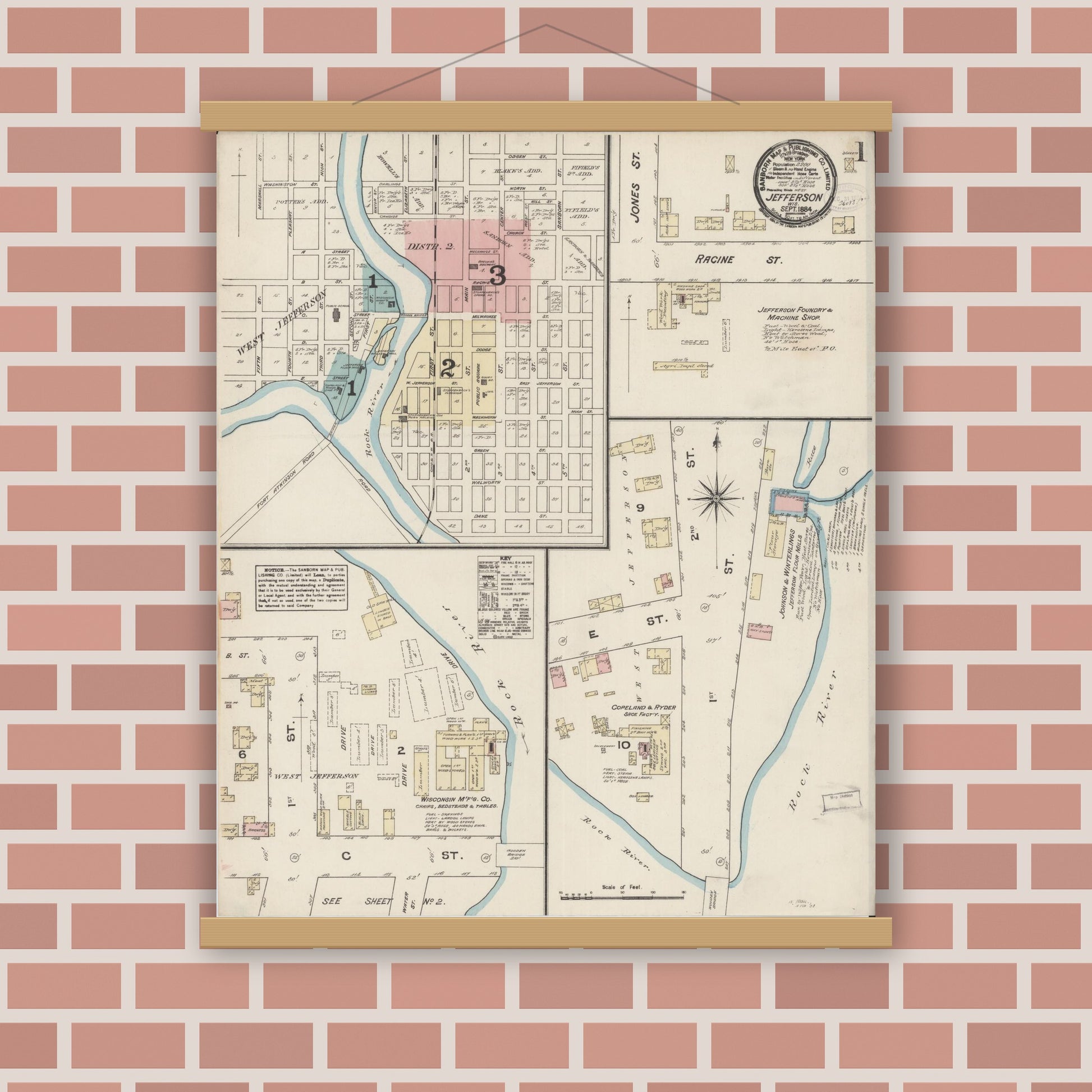 Old map wall art mockup — magnetic wood frame on brick wall — Sanborn Fire Insurance Map from Jefferson, Jefferson County, Wisconsin (1884) - Complete Map Set