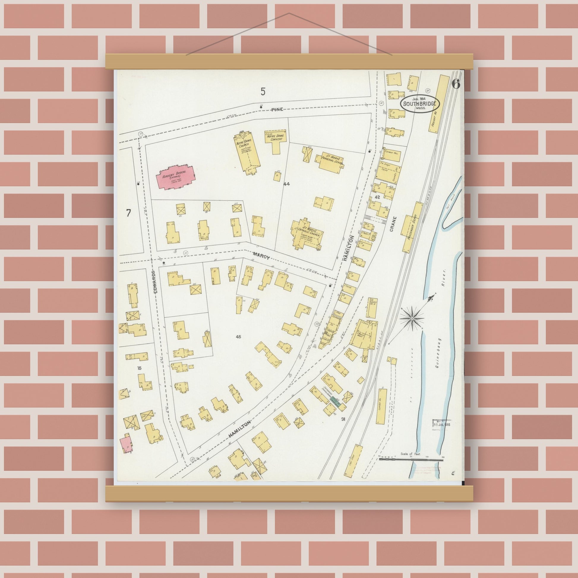 Old map wall art mockup — magnetic wood frame on brick wall — Sanborn Fire Insurance Map from Southbridge, Worcester County, Massachusetts (1904), Sheet #0006