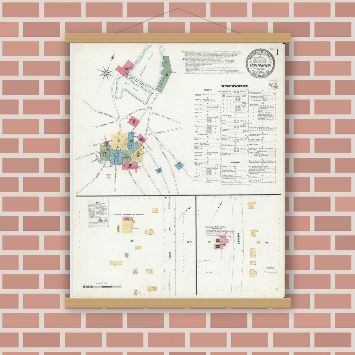 Old map wall art mockup — magnetic wood frame on brick wall — Sanborn Fire Insurance Map from Huntington, Suffolk County, New York (1908), Sheet #0001