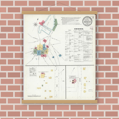Old map wall art mockup — magnetic wood frame on brick wall — Sanborn Fire Insurance Map from Huntington, Suffolk County, New York (1908), Sheet #0001