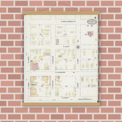 Old map wall art mockup — magnetic wood frame on brick wall — Sanborn Fire Insurance Map from Ludington, Mason County, Michigan (1890), Sheet #0004
