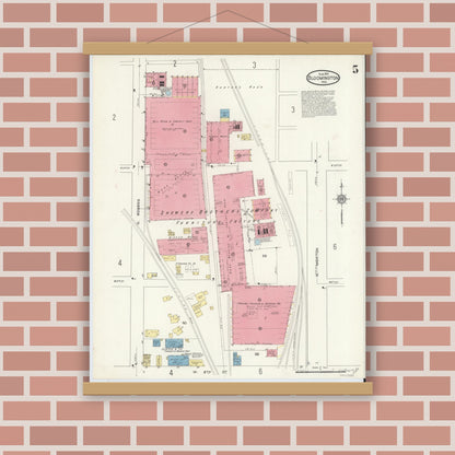 Old map wall art mockup — magnetic wood frame on brick wall — Sanborn Fire Insurance Map from Bloomington, Monroe County, Indiana (1913), Sheet #0005
