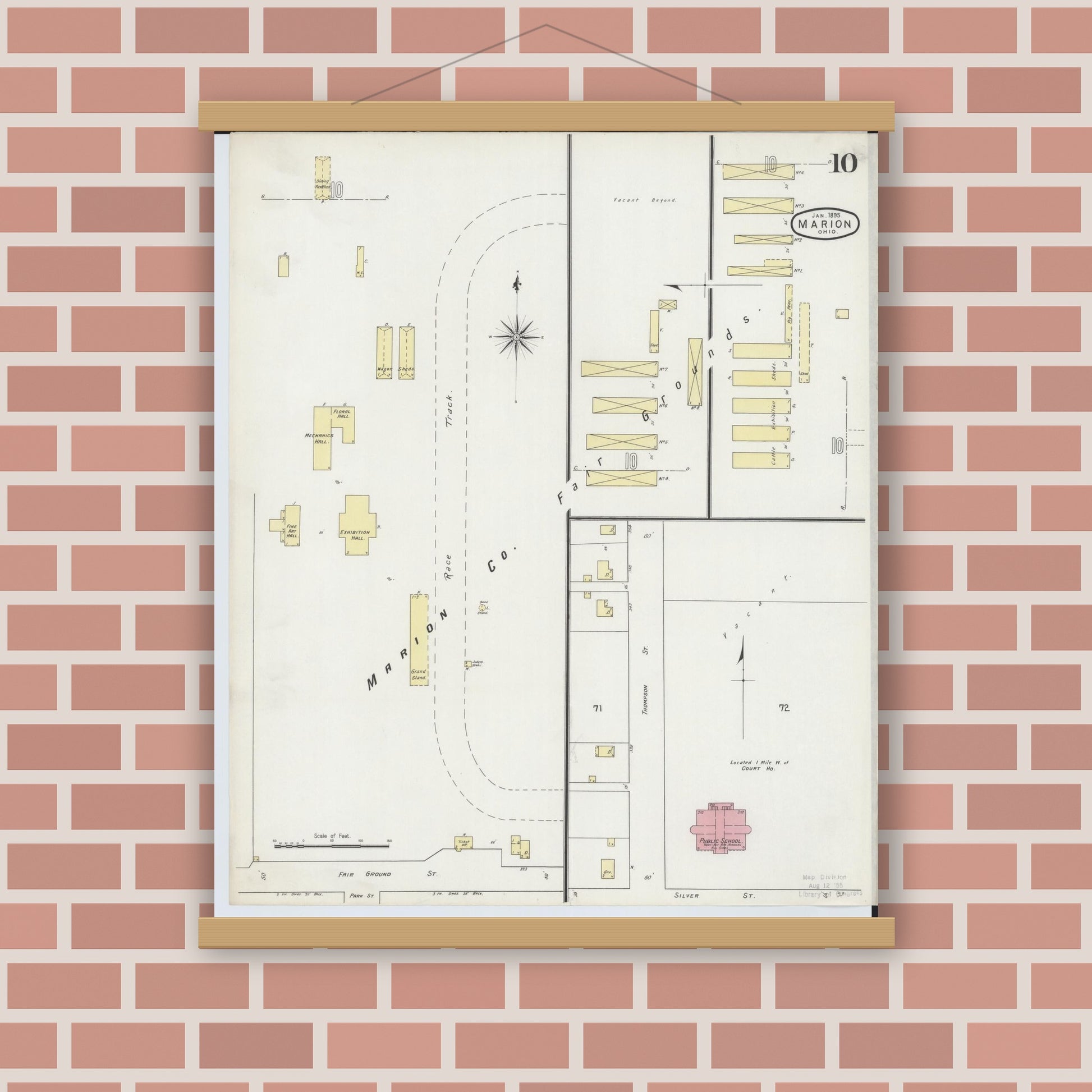 Old map wall art mockup — magnetic wood frame on brick wall — Sanborn Fire Insurance Map from Marion, Marion County, Ohio (1895), Sheet #0010
