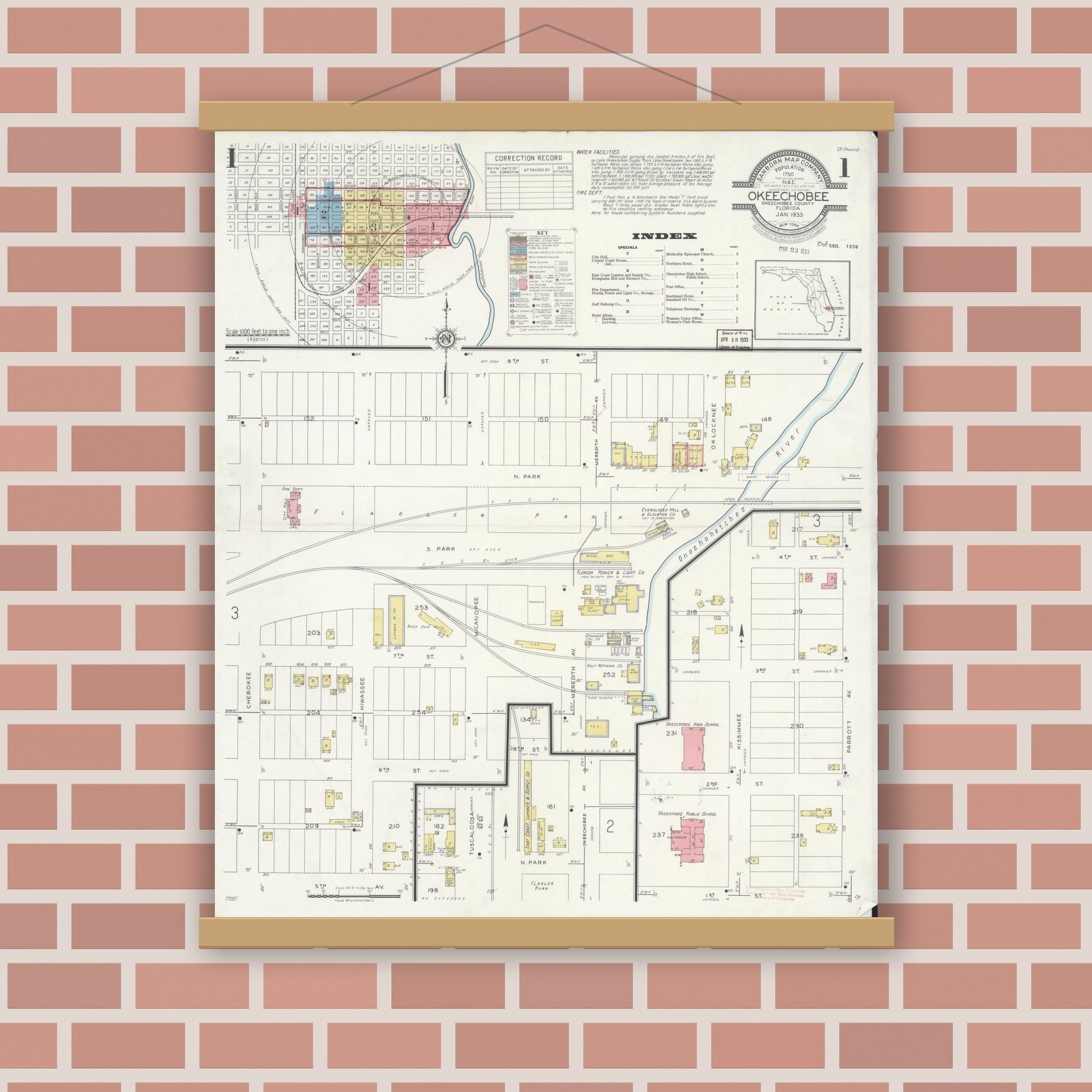 Old map wall art mockup — magnetic wood frame on brick wall — Sanborn Fire Insurance Map from Okeechobee, Okeechobee County, Florida (1933) - Complete Map Set
