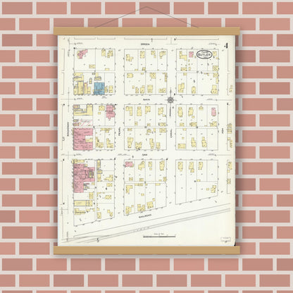 Old map wall art mockup — magnetic wood frame on brick wall — Sanborn Fire Insurance Map from Butler, De Kalb County, Indiana (1914), Sheet #0004