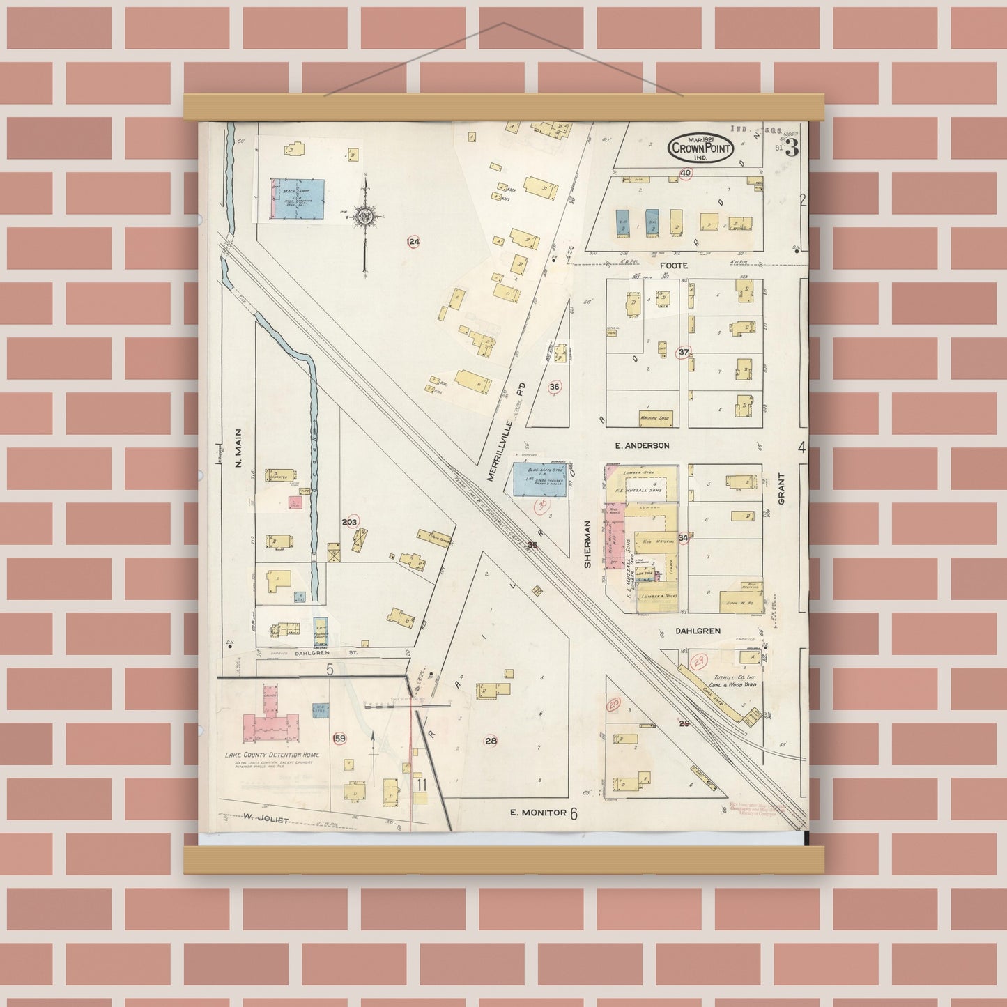 Old map wall art mockup — magnetic wood frame on brick wall — Sanborn Fire Insurance Map from Crown Point, Lake County, Indiana (1948), Sheet #0003