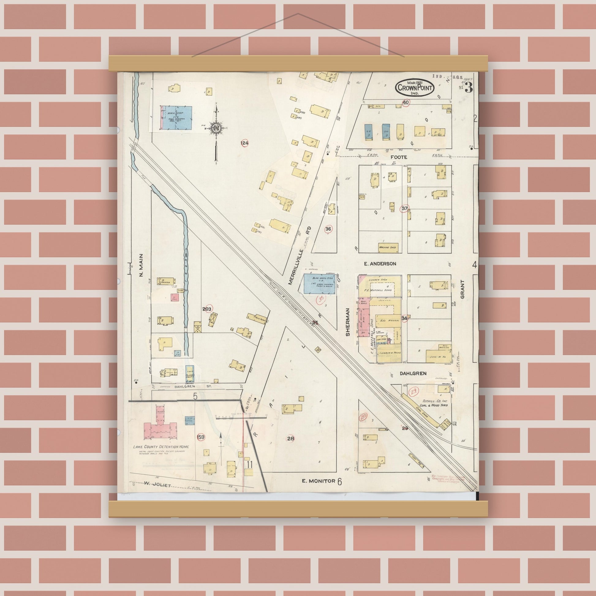Old map wall art mockup — magnetic wood frame on brick wall — Sanborn Fire Insurance Map from Crown Point, Lake County, Indiana (1948), Sheet #0003