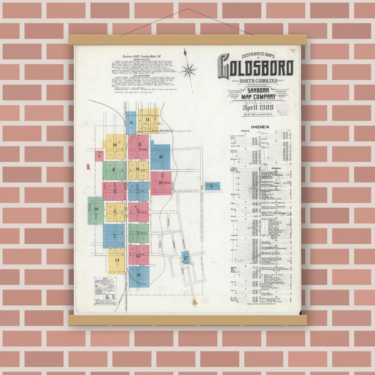 Old map wall art mockup — magnetic wood frame on brick wall — Sanborn Fire Insurance Map from Goldsboro, Wayne County, North Carolina (1908) - Complete Map Set