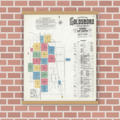 Old map wall art mockup — magnetic wood frame on brick wall — Sanborn Fire Insurance Map from Goldsboro, Wayne County, North Carolina (1908) - Complete Map Set