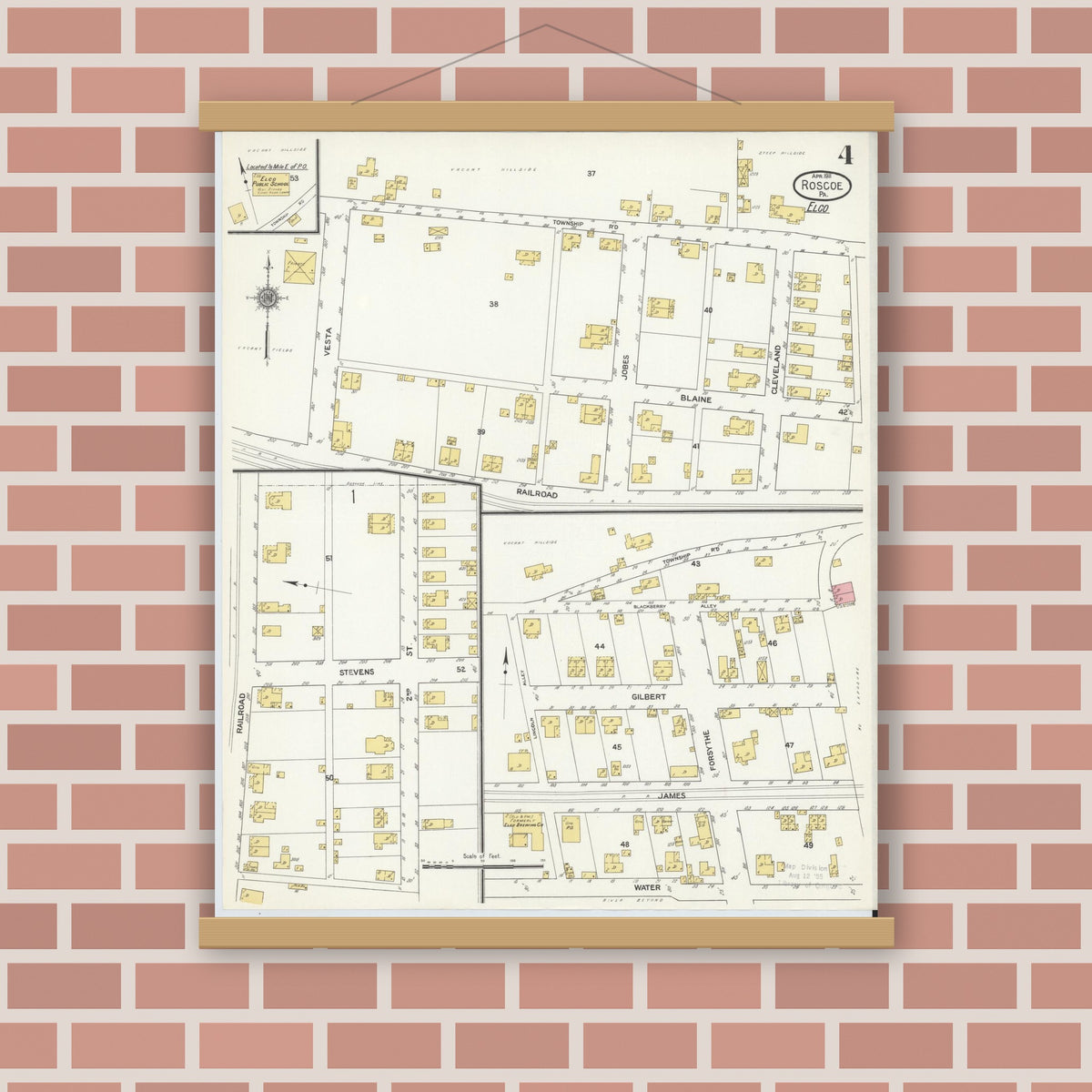 Old map wall art mockup — magnetic wood frame on brick wall — Sanborn Fire Insurance Map from Roscoe, Washington County, Pennsylvania (1911), Sheet #0004