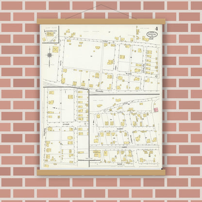 Old map wall art mockup — magnetic wood frame on brick wall — Sanborn Fire Insurance Map from Roscoe, Washington County, Pennsylvania (1911), Sheet #0004