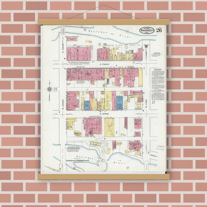 Old map wall art mockup — magnetic wood frame on brick wall — Sanborn Fire Insurance Map from Traverse City, Grand Traverse County, Michigan (1920), Sheet #0026
