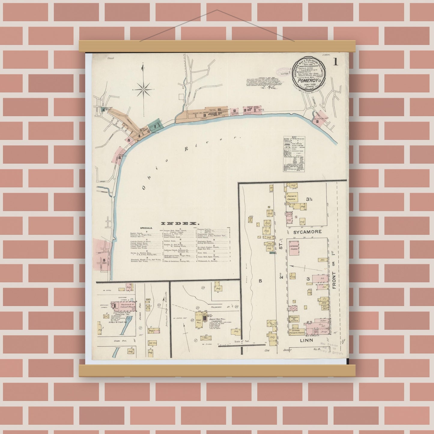 Old map wall art mockup — magnetic wood frame on brick wall — Sanborn Fire Insurance Map from Pomeroy, Meigs County, Ohio (1888), Sheet #0001