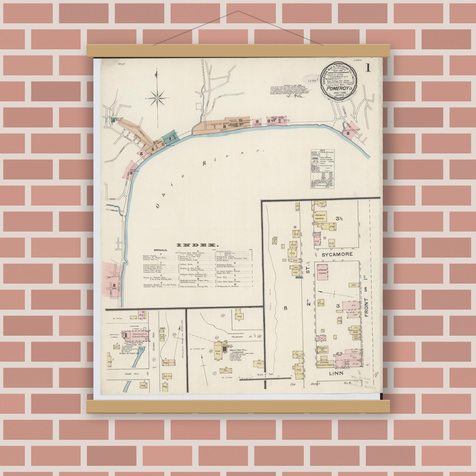 Old map wall art mockup — magnetic wood frame on brick wall — Sanborn Fire Insurance Map from Pomeroy, Meigs County, Ohio (1888), Sheet #0001
