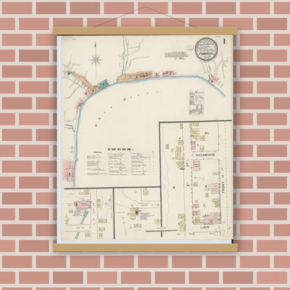 Old map wall art mockup — magnetic wood frame on brick wall — Sanborn Fire Insurance Map from Pomeroy, Meigs County, Ohio (1888), Sheet #0001