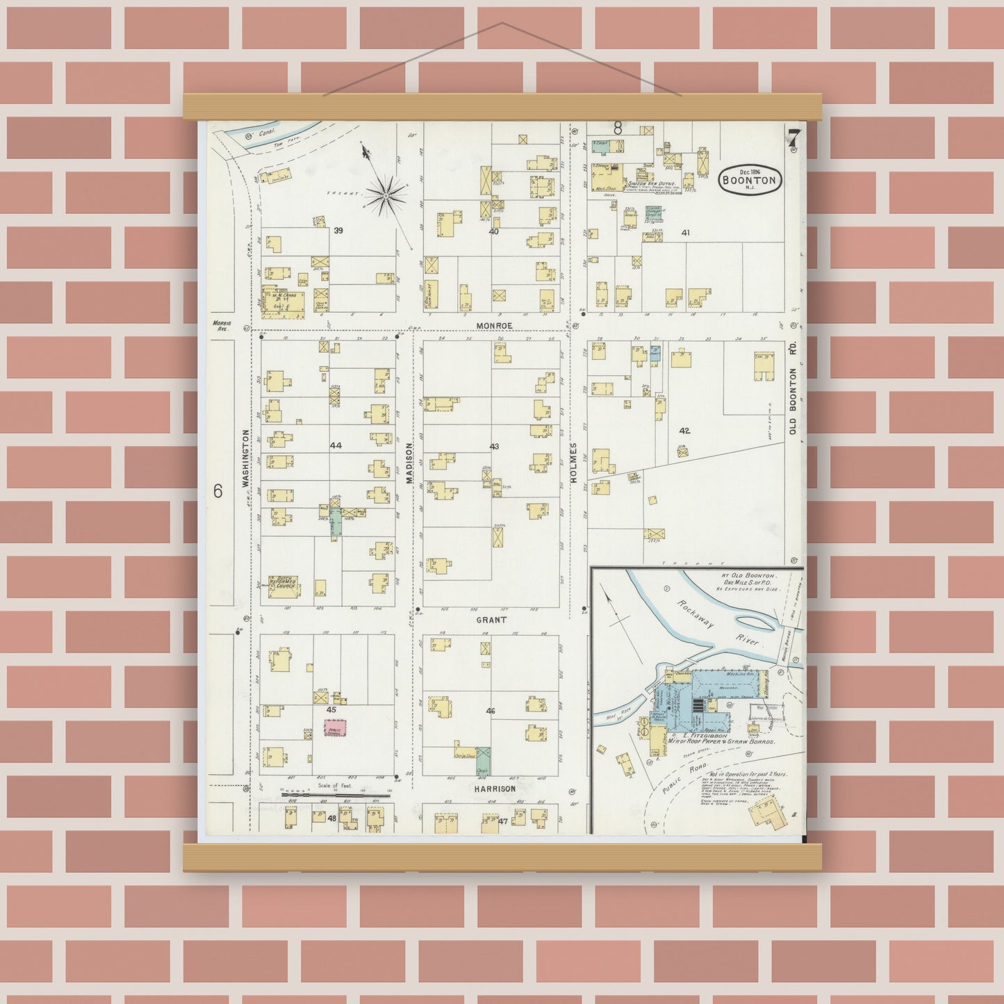Old map wall art mockup — magnetic wood frame on brick wall — Sanborn Fire Insurance Map from Boonton, Morris County, New Jersey (1896), Sheet #0007