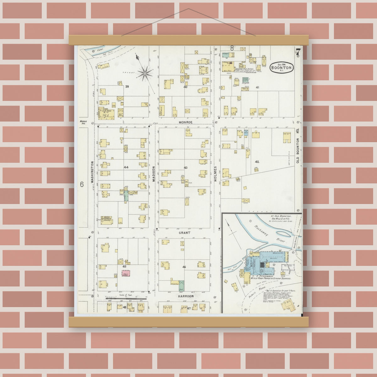 Old map wall art mockup — magnetic wood frame on brick wall — Sanborn Fire Insurance Map from Boonton, Morris County, New Jersey (1896), Sheet #0007