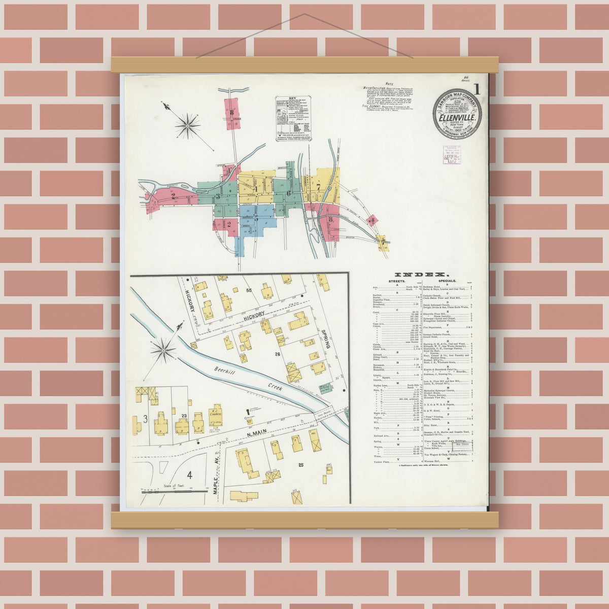 Old map wall art mockup — magnetic wood frame on brick wall — Sanborn Fire Insurance Map from Ellenville, Ulster County, New York (1905), Sheet #0001