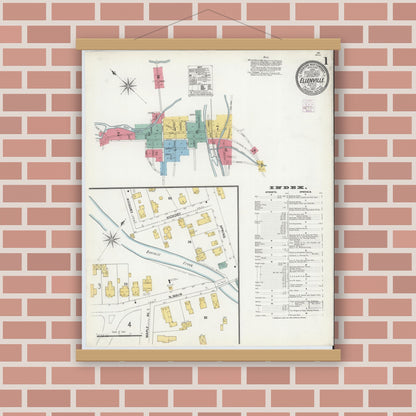Old map wall art mockup — magnetic wood frame on brick wall — Sanborn Fire Insurance Map from Ellenville, Ulster County, New York (1905), Sheet #0001