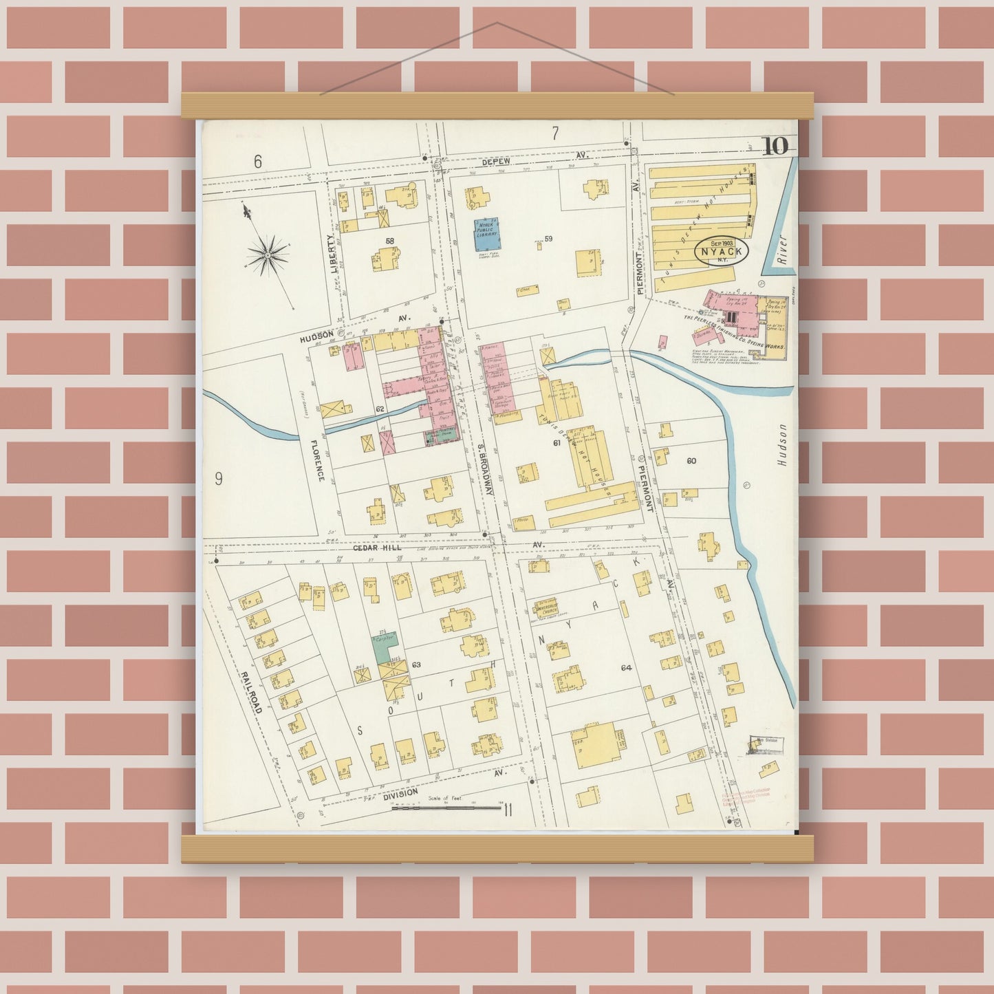 Old map wall art mockup — magnetic wood frame on brick wall — Sanborn Fire Insurance Map from Nyack, Rockland County, New York. (1903), Sheet #0010