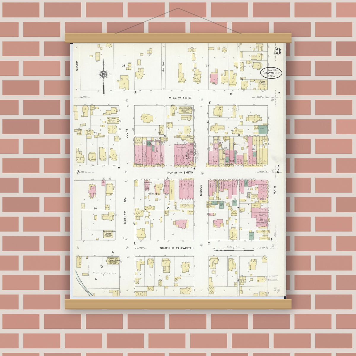 Old map wall art mockup — magnetic wood frame on brick wall — Sanborn Fire Insurance Map from Grayville, White And Edwards Counties, Illinois (1910), Sheet #0003