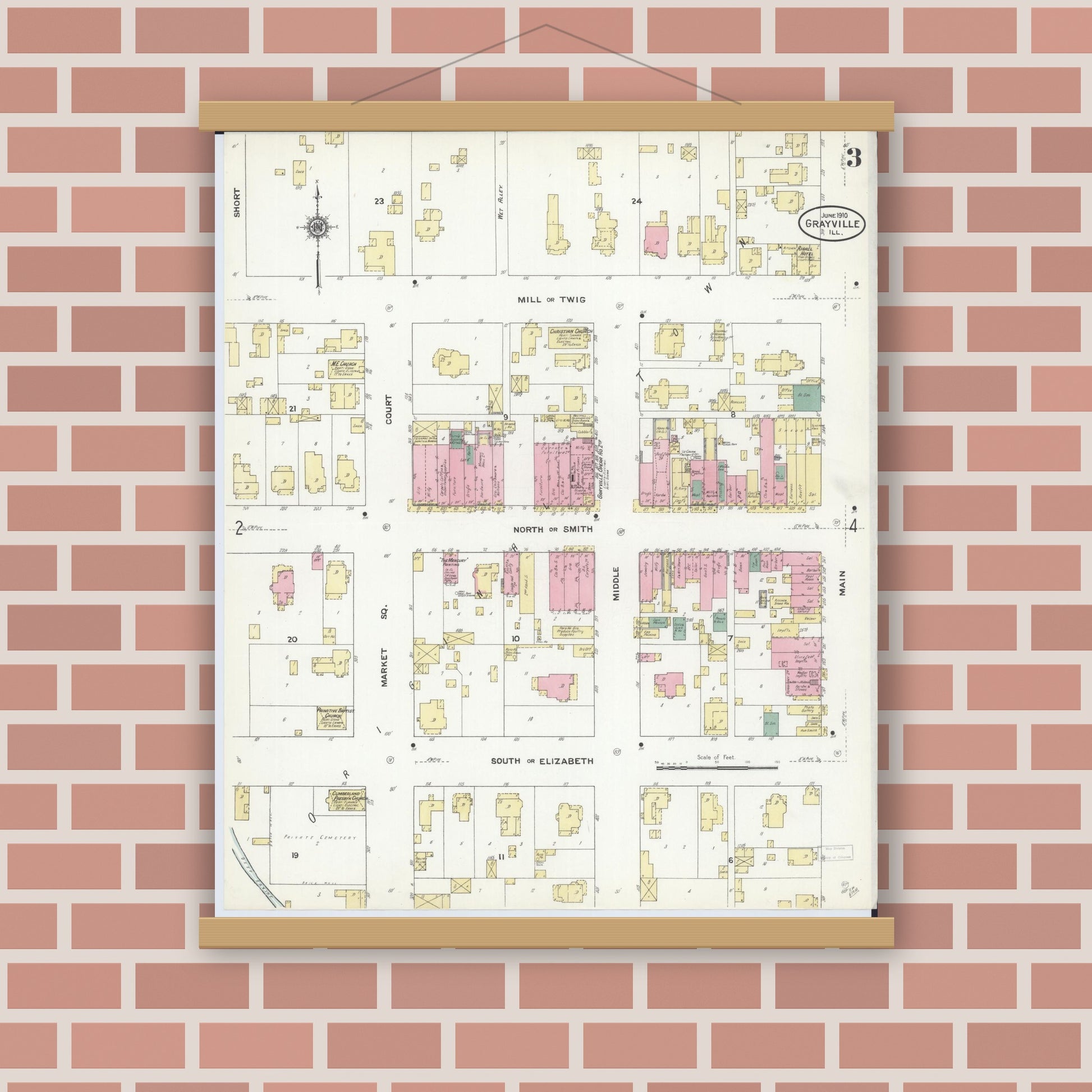 Old map wall art mockup — magnetic wood frame on brick wall — Sanborn Fire Insurance Map from Grayville, White And Edwards Counties, Illinois (1910), Sheet #0003