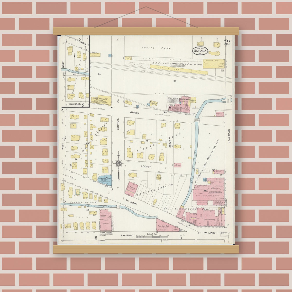 Old map wall art mockup — magnetic wood frame on brick wall — Sanborn Fire Insurance Map from Urbana, Champaign County, Illinois (1915), Sheet #0002