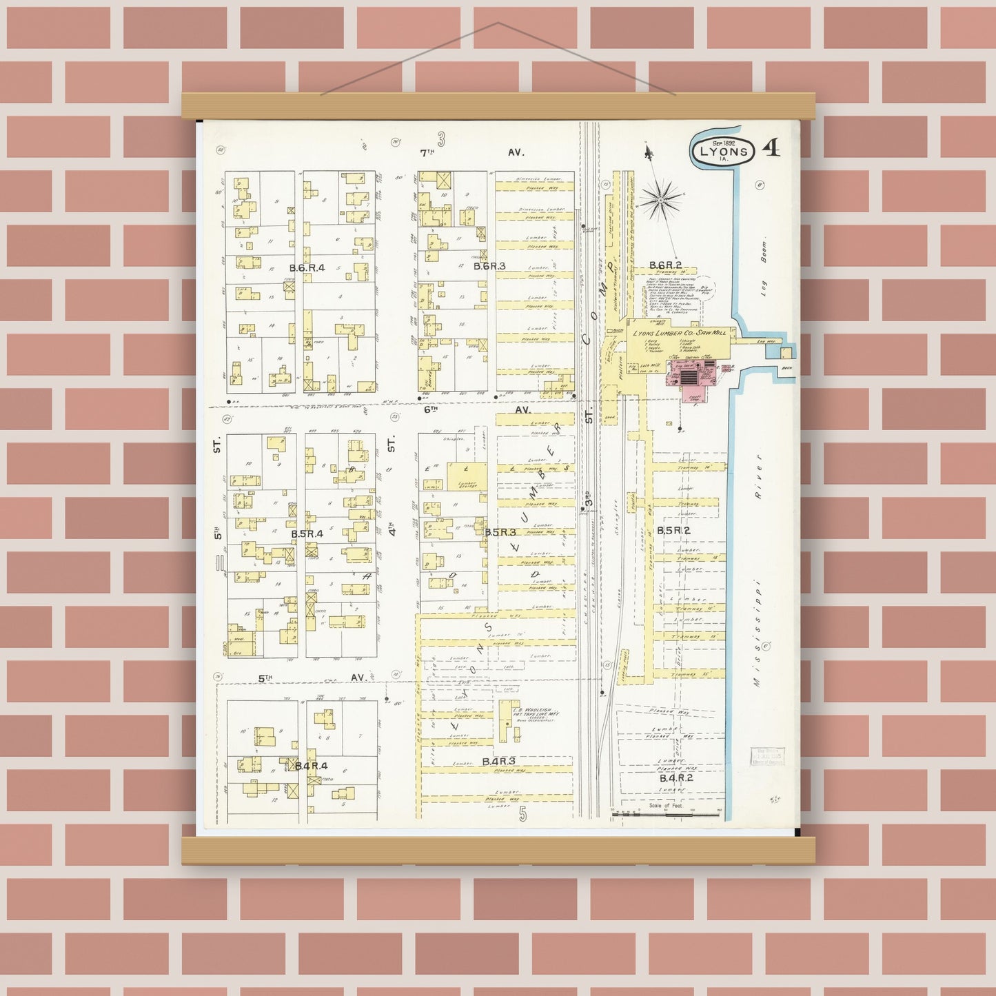 Old map wall art mockup — magnetic wood frame on brick wall — Sanborn Fire Insurance Map from Lyons, Clinton County, Iowa (1892), Sheet #0004