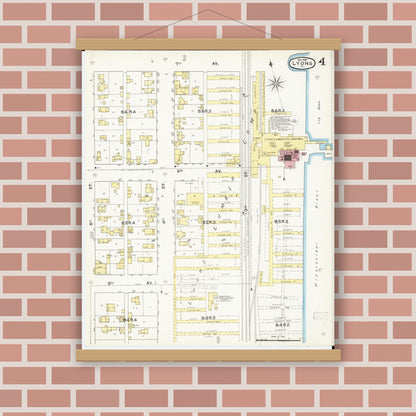 Old map wall art mockup — magnetic wood frame on brick wall — Sanborn Fire Insurance Map from Lyons, Clinton County, Iowa (1892), Sheet #0004