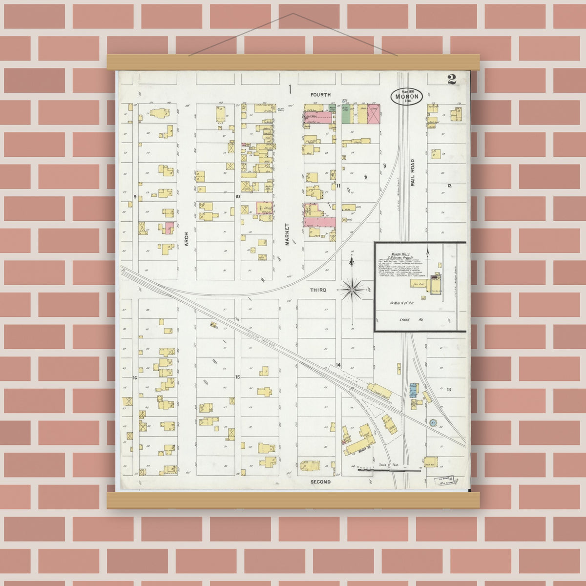 Old map wall art mockup — magnetic wood frame on brick wall — Sanborn Fire Insurance Map from Monon, White County, Indiana (1899), Sheet #0002