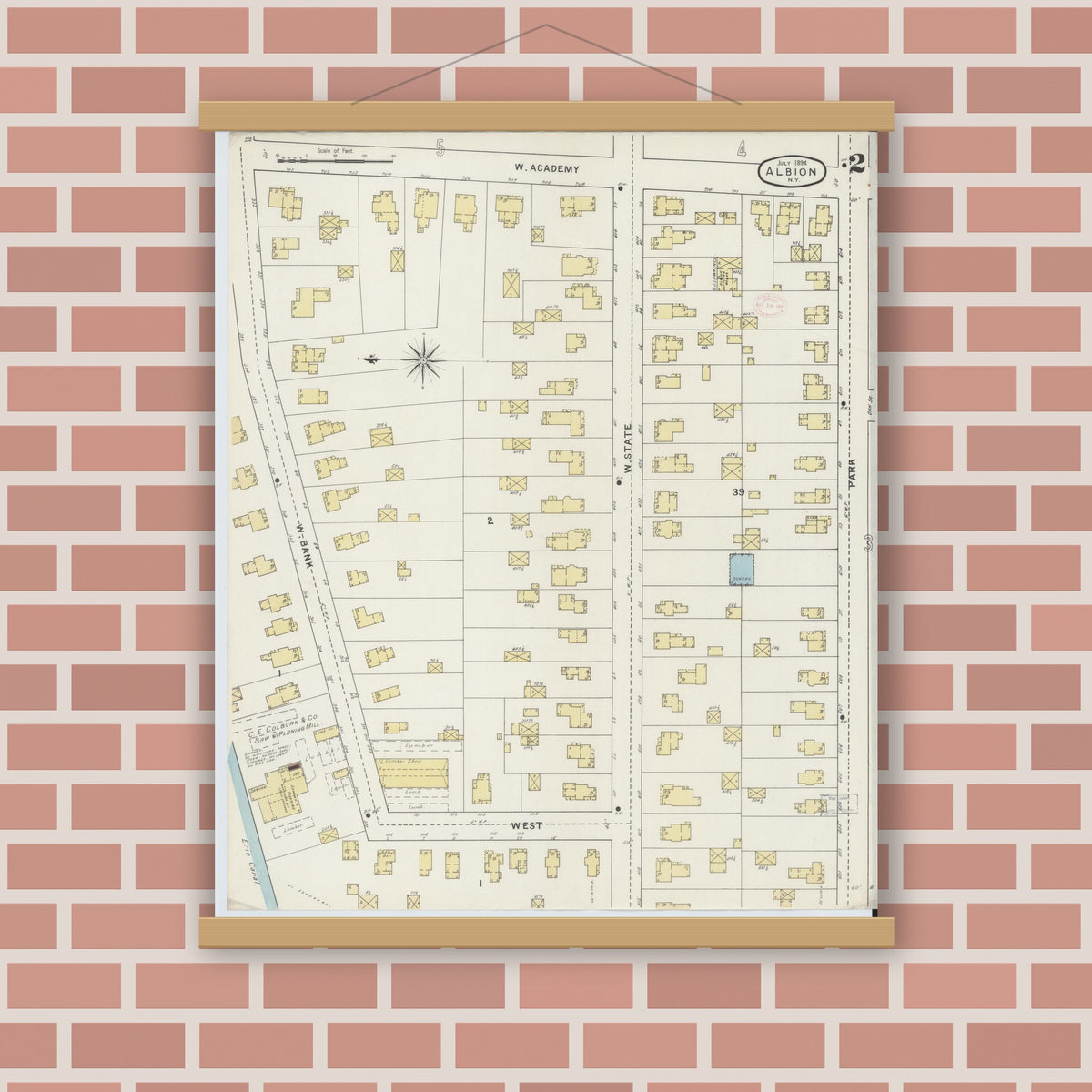 Old map wall art mockup — magnetic wood frame on brick wall — Sanborn Fire Insurance Map from Albion, Orleans County, New York (1894) - Complete Map Set