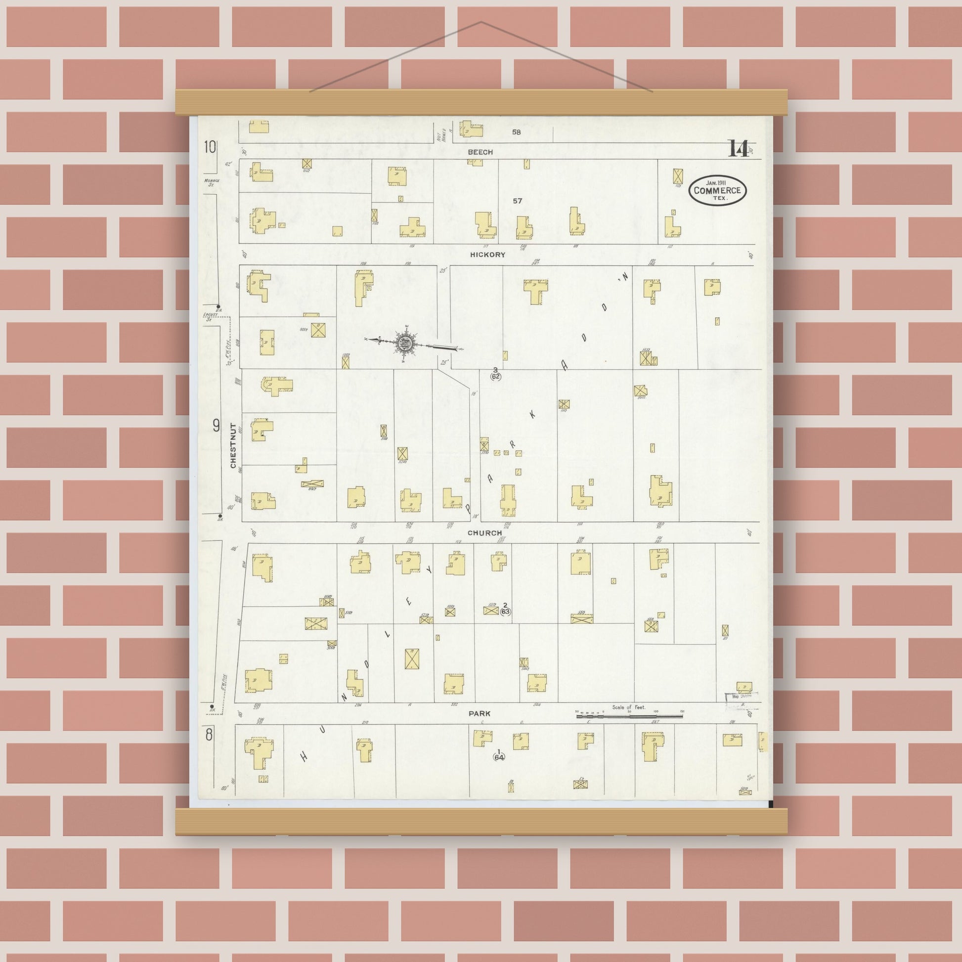 Old map wall art mockup — magnetic wood frame on brick wall — Sanborn Fire Insurance Map from Commerce, Hunt County, Texas (1911), Sheet #0014