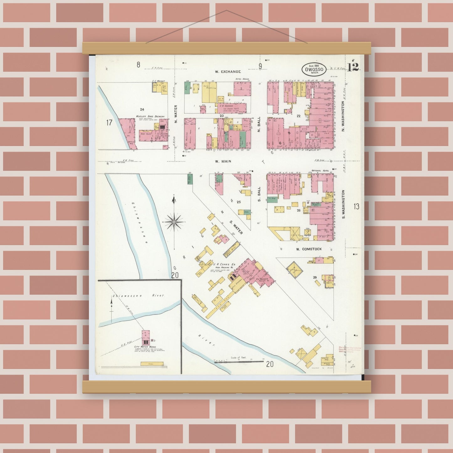 Old map wall art mockup — magnetic wood frame on brick wall — Sanborn Fire Insurance Map from Owosso, Shiawassee County, Michigan (1908), Sheet #0012