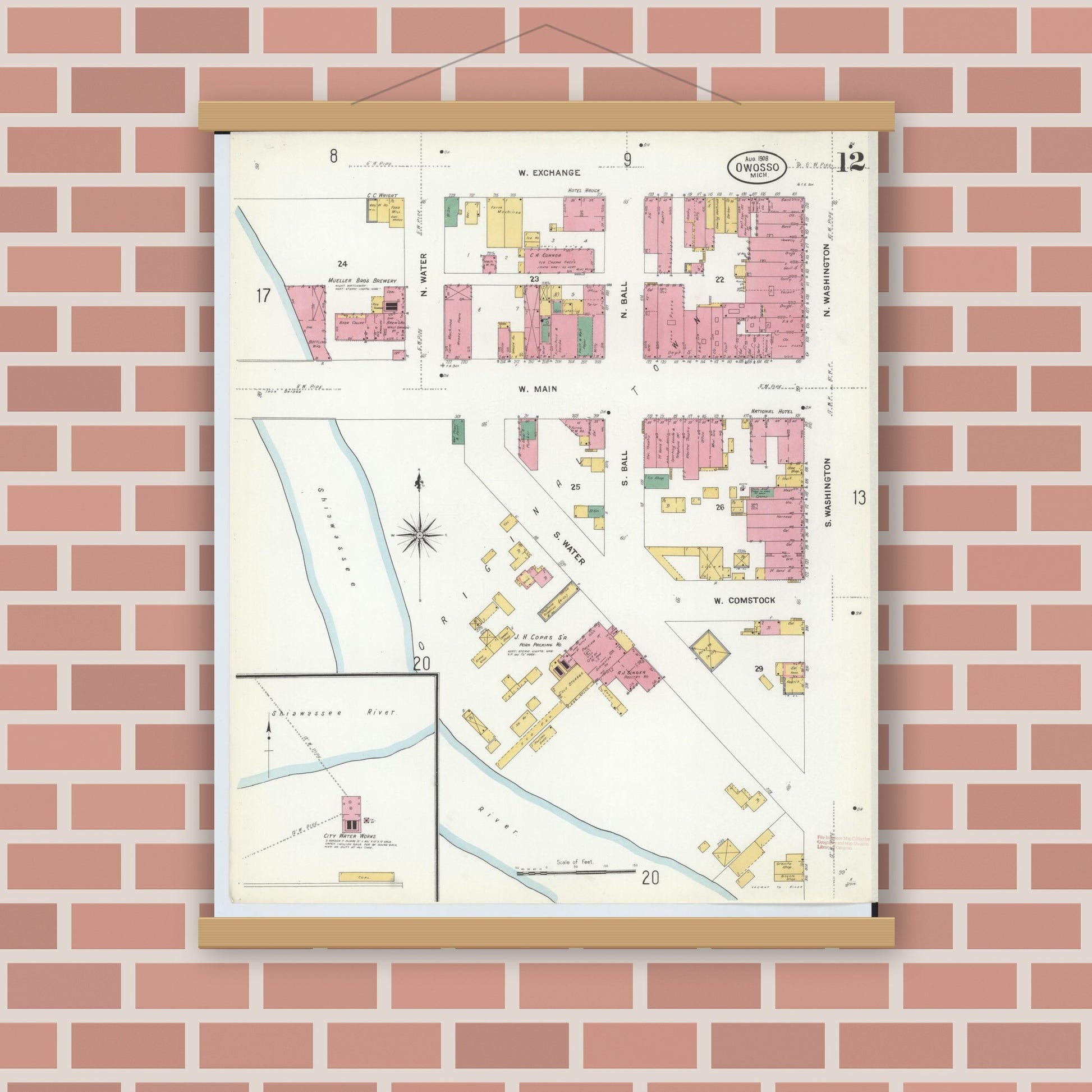 Old map wall art mockup — magnetic wood frame on brick wall — Sanborn Fire Insurance Map from Owosso, Shiawassee County, Michigan (1908), Sheet #0012