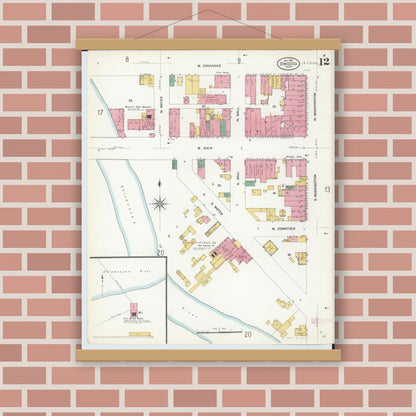 Old map wall art mockup — magnetic wood frame on brick wall — Sanborn Fire Insurance Map from Owosso, Shiawassee County, Michigan (1908), Sheet #0012